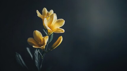 Obraz premium A selective focus shot of a beautiful yellow freesia flower with blurred dark background