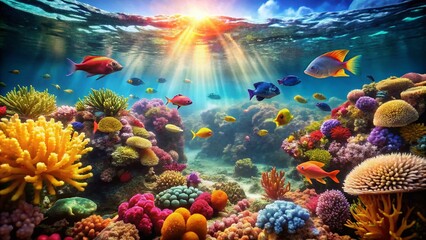Naklejka premium Vibrant Coral Reef: Miniature Tilt-Shift Underwater Paradise