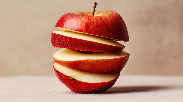 Fresh apple precision-cut spiral, 2mm uniform slices with natural curves, studio-lit organic geometry in gravity-defying stack on gradient beige background, culinary art with crisp edges