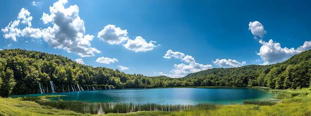 Beautiful nature landscape with a blue lake and green forest, with picturesque waterfalls
