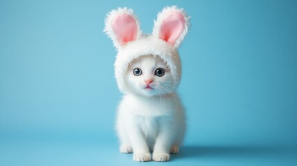 Fototapeta premium Cute white kitten wearing bunny ears on a blue background