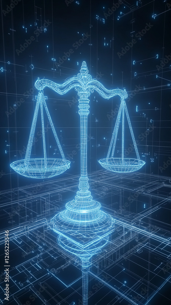 Poster a 3d digital rendering of a glowing scale of justice, symbolizing balance, fairness, and law in the 