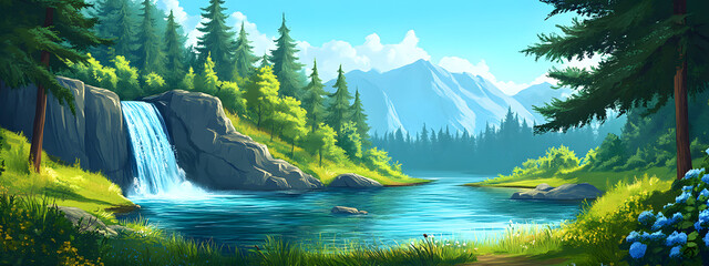 Beautiful nature landscape with a blue lake and green forest, with picturesque waterfalls
