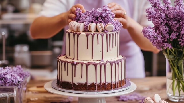 Expert baker decorates a stylish lilac cake in a bakery