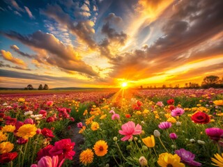 Fototapeta premium Vibrant Flower Field at Sunset - Long Exposure Photography