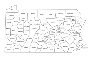 State of Pennsylvania subdivided into 67 counties, outline map. The Commonwealth of Pennsylvania, a state of the Mid-Atlantic and Northeastern United States. Map with boundaries and county names.