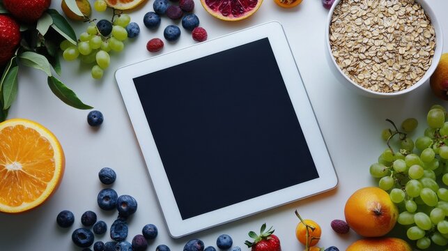 Healthy super food and technology background, digital tablet computer apps for cooking diet nutrition plan, fresh fruit granola seeds on white organic table, health care detox, top view mockup screen