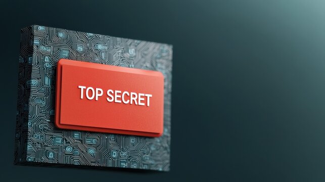Red Button on Circuit Board Background Marked Top Secret Concept