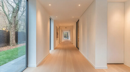 Long, bright hallway with light wood floors, white walls, and views of a green garden through large windows.