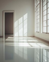 A clean and minimalist white room with soft lighting, featuring an empty doorframe and window on the right side of the picture. The floor is glossy and reflective, creating a serene atmosphere. 