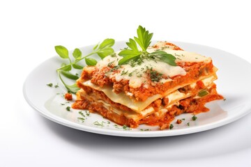 Tasty lasagna alone on white