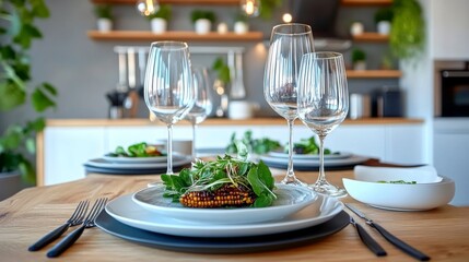 Elegant dining table set with glassware and gourmet dishes in modern kitchen setting