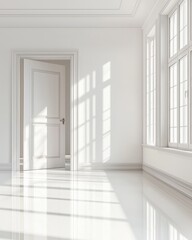 A clean and minimalist white room with soft lighting, featuring an empty doorframe and window on the right side of the picture. The floor is glossy and reflective, creating a serene atmosphere. 