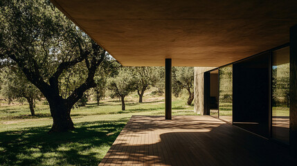 Sun-drenched deck overlooking olive trees, creating a modern architectural oasis in a tranquil, natural setting.