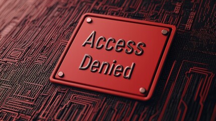 Red Access Denied Sign on Circuit Board Background in Digital Context