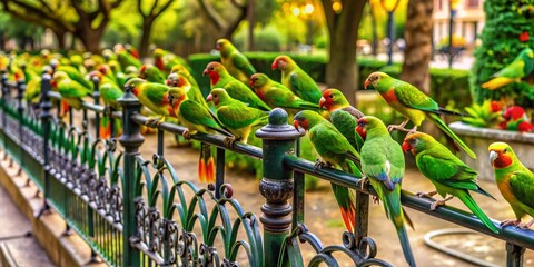 Fototapeta premium Vibrant Green Parrots Feasting on Fence in Barcelona Park - Aerial View
