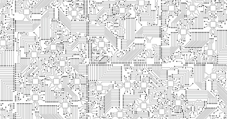 Technology black circuit diagram. High-tech circuit board connection system. Vector abstract technology on white background.