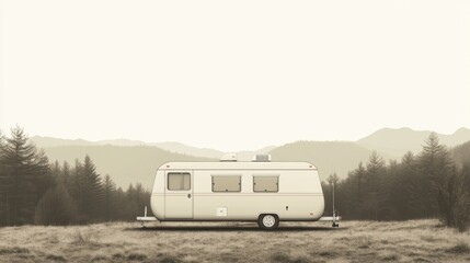 Vintage caravan parked in mountain landscape; travel, adventure