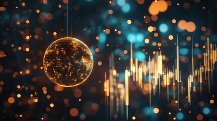 Abstract glowing polygonal globe on blurry starry sky background with candlestick forex graph. Earth, trade, stock, technology and digital world concept. 3D Rendering