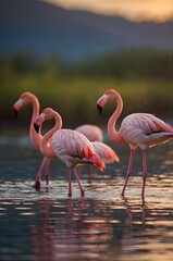 Picture illustration of a flock of flamingos in a river