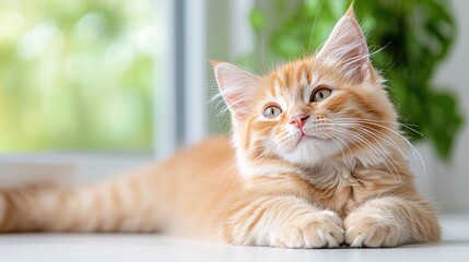 Obraz premium Cute ginger kitten relaxing by window, green background
