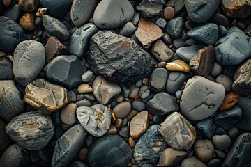 Image of Pile of grey pebble stones. Texture for background usage