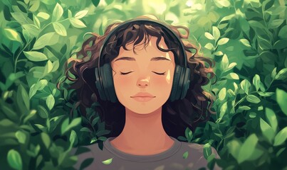 Person with eyes closed, music streaming through headphones, surrounded by green natural landscapes, power of music as a form of escape and, Generative AI