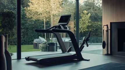 Modern Treadmill in Luxury Home Gym with Garden View and Natural Light