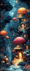 Enchanting mushroom village winter wonderland path