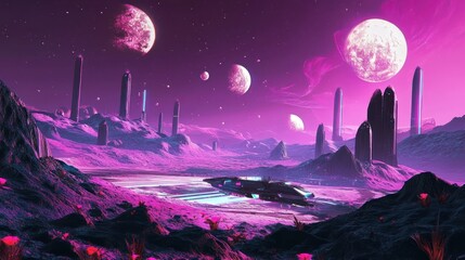 Fototapeta premium Spaceship landing, alien planet, pink sky, futuristic city, fantasy