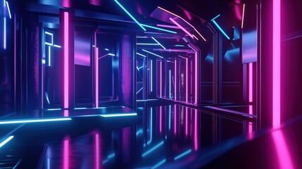 Fototapeta premium 3d, background, abstract Futuristic neon tunnel with geometric shapes and reflective metal surfaces