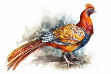Fototapeta premium a vibrant and exotic pheasant with rich, iridescent plumage. The bird is rendered in warm tones, with its chest and head painted in rich shades of red and orange, 