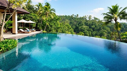 Luxury resort in Bali, Indonesia, featuring an infinity pool overlooking a jungle