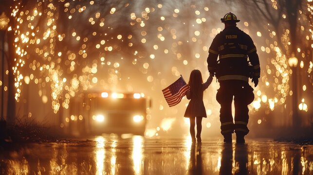Firefighter and young girl holding american flag city street heartwarming scene evening ambiance side view tribute to courage and community