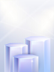 Fototapeta premium 3d crystal stage for product, prize showcase banner template with flying hearts and coupons around. Champion stage for sale off event. 3d vector. Vector illustration