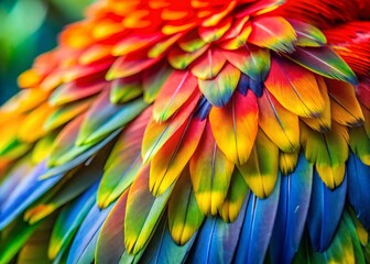 Fototapeta premium Vibrant Parrot Feathers Macro Photography: Close-up of Colorful Bird Plumage