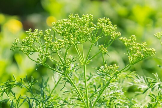 cumin plant in full bloom, against the backdrop of a sunlit field