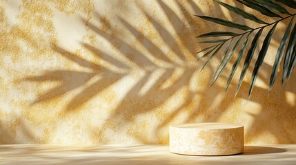 A 3D render of a summer yellow background with a tropical leaf shadow and bright sunlight. A minimal showcase scene with cobblestones and a silver ring, ideal for presenting organic cosmetic products