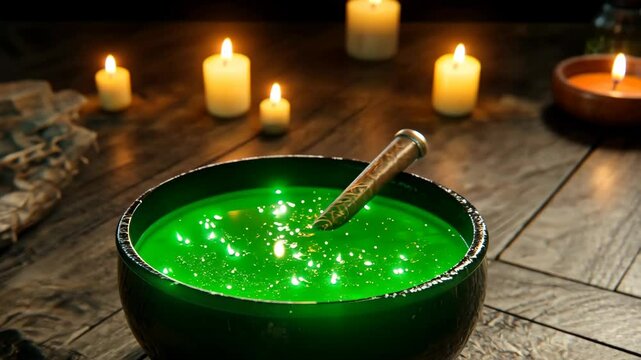 Mystical green potion bubbling in a cauldron surrounded by flickering candles during a twilight gathering