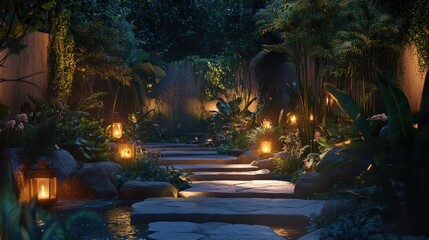 Fototapeta premium Tropical Pathway at Night, Lush Garden, Stone Steps, Warm Ambiance