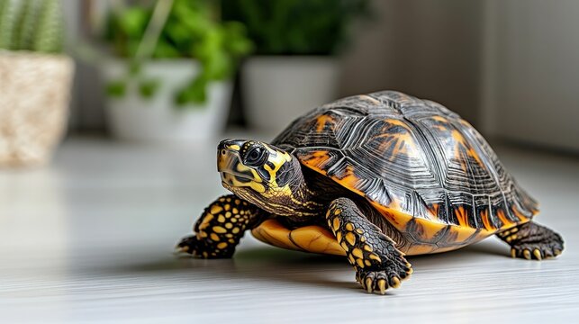 Curious yellow-black turtle exploring indoors