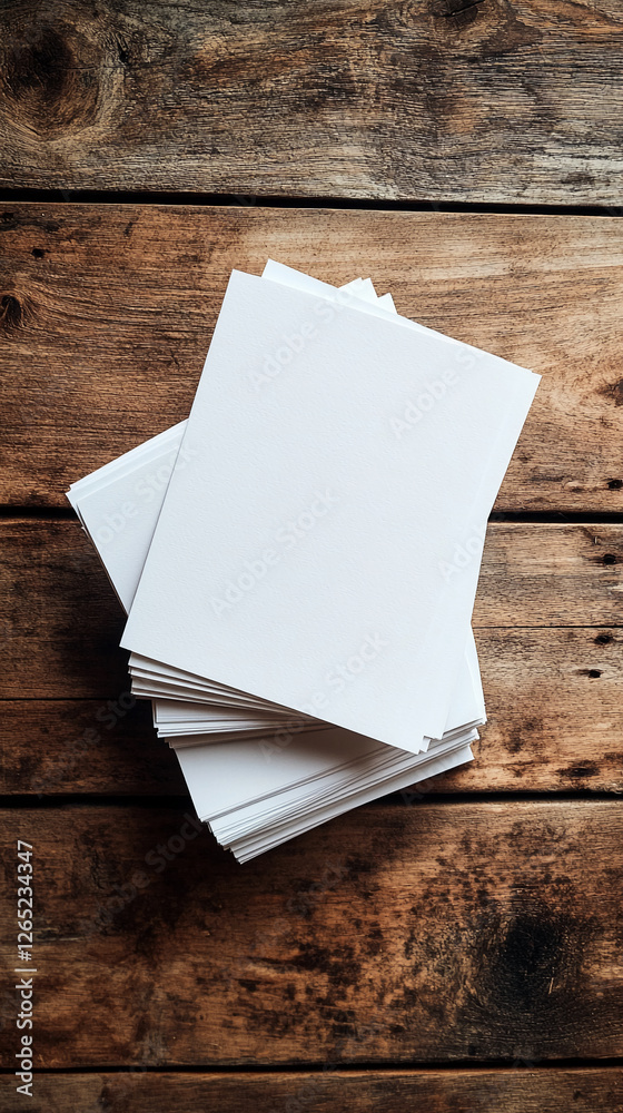 Aufkleber a stack of white paper sheets on a rustic wooden table, symbolizing creativity, office work, or the 