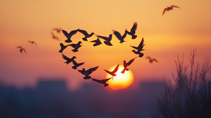 Birds Heart Silhouette at Sunset