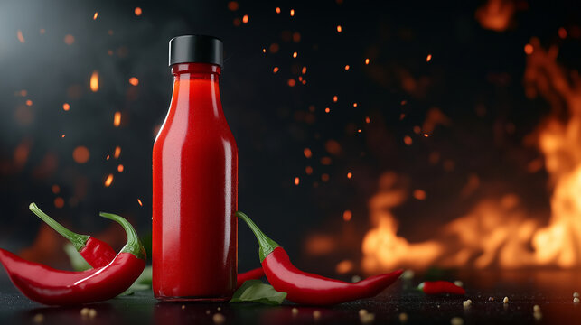 A striking composition of a chili sauce bottle sculpted from vibrant red peppers, positioned on a dark surface with raging flames reflecting off the glossy glass texture.