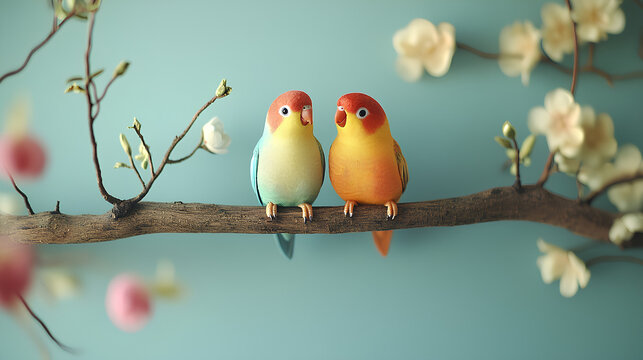 Two Colorful Parakeets on Branch with Blossoms