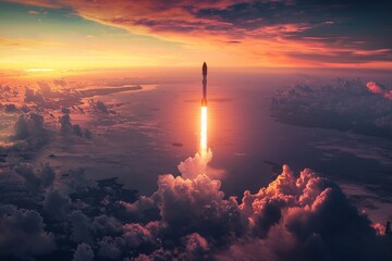 A futuristic rocket launch, with the sky painted in hues of orange and pink as it soars into the vast expanse of space. The landscape is an oceanic scene at sunrise