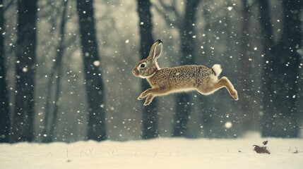 Obraz premium A winter scene featuring a rabbit leaping through falling snow in a forest