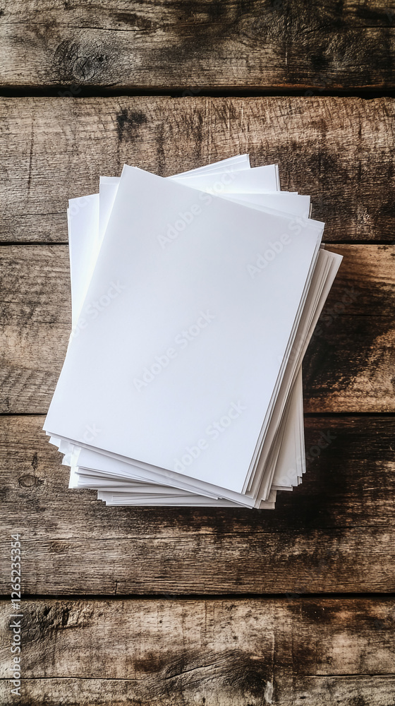 Poster a stack of white paper sheets on a rustic wooden surface, symbolizing blank creativity and the poten