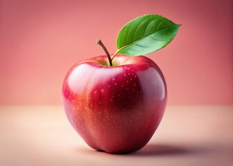 Vibrant Red Apple with Green Leaf, Soft Pink Background, Long Exposure Photography