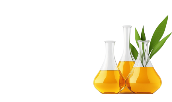 Glass flasks with yellow liquid and green leaves.